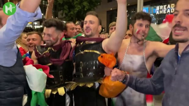 Italy fans celebrate outside Wembley after reaching Euro 2020 Final